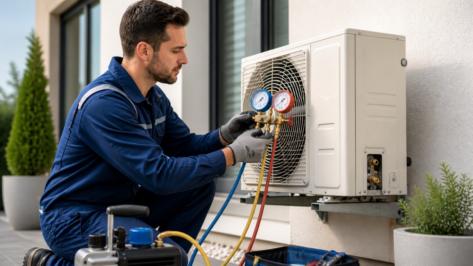 Técnico comprobando el circuito frigorífico de un aire acondicionado